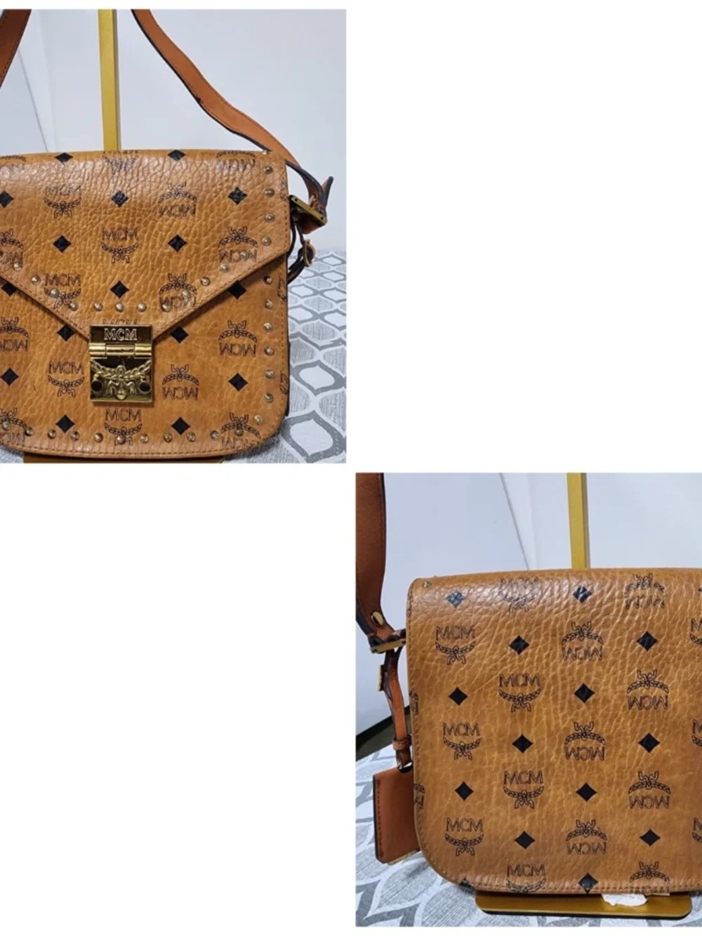 Authentic MCM Patricia Stud Trim Visetos Small Shoulder/ Crossbody Bag Brown
